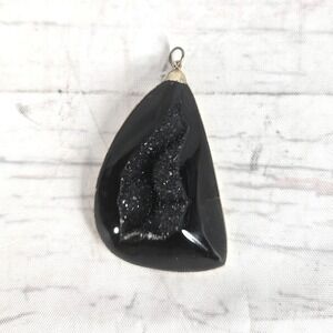 Black Druzy Agate Pendant Gold Tone Triangle Jewelry Unique‎ Statement Piece